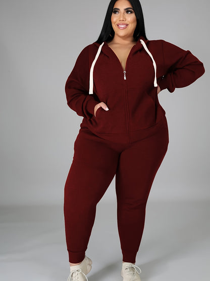 Women's Plus Size Tracksuit Set - Long Sleeve Hooded Loungewear and Sweatsuit Sets with Pockets, Polyester and Elastane