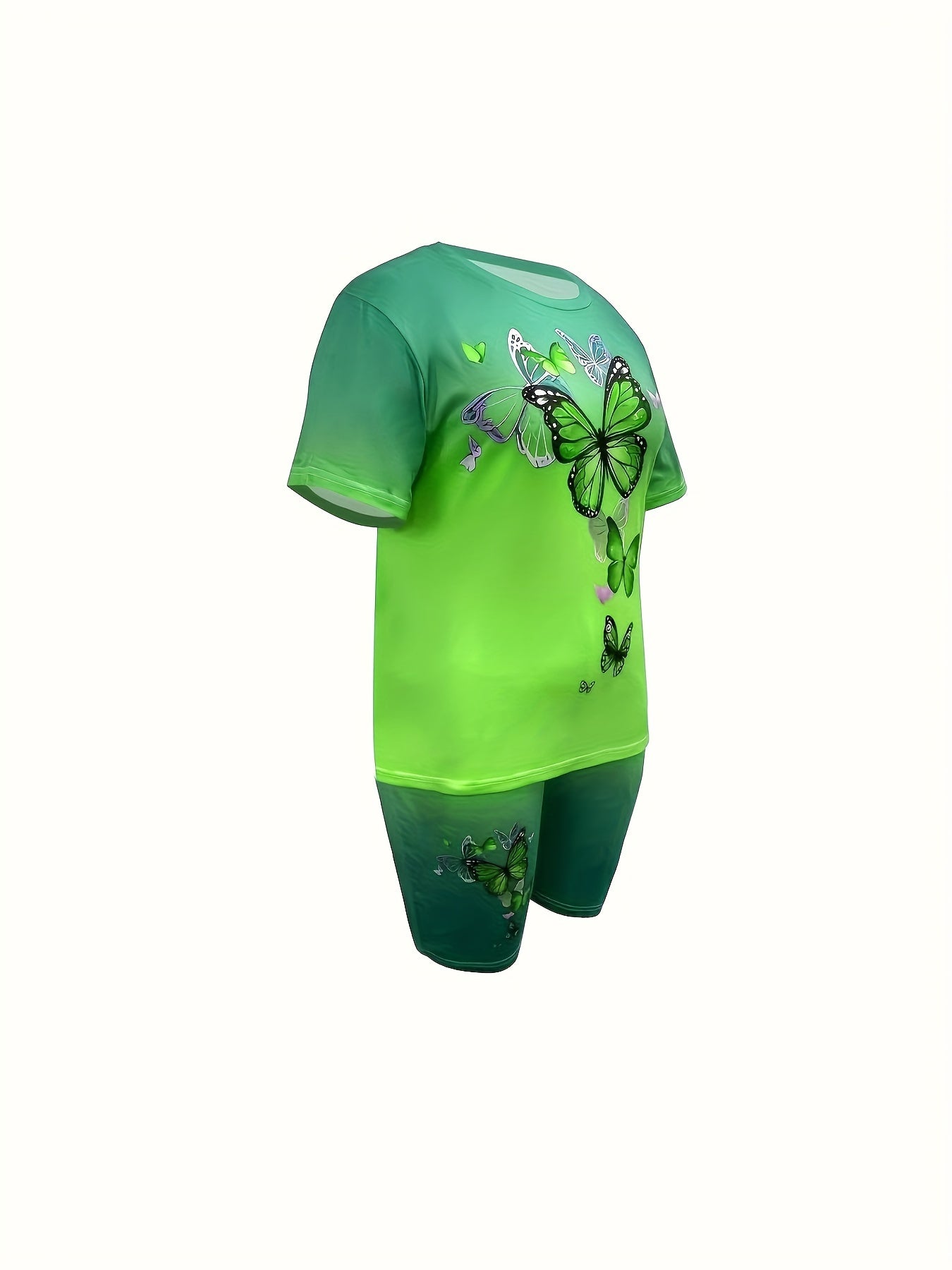 Plus Size Butterfly Print Ombre Two-piece Set, Crew Neck Short Sleeve Top & Shorts Outfits, Women's Plus Size聽Clothing