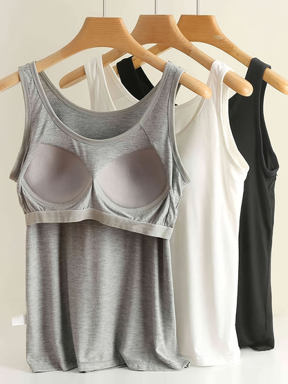 3pcs Solid Color Stretch KnitTank Top, Bottoming Vest T-shirt, Built-in Padded Cups- Regular Length, Round Neck, Casual SportswearWomen'S Comfort Fit Casual Sports Bra With Breathable Fabric- Black&White&Grey