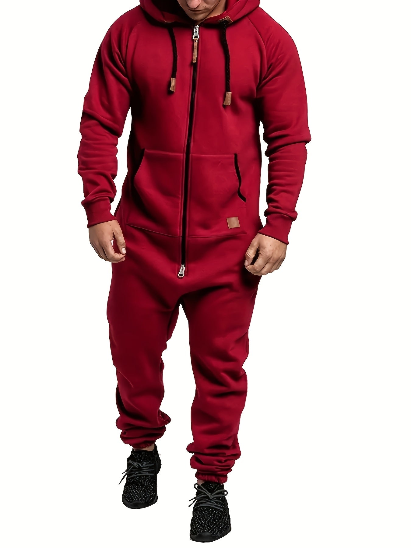 A Men's Hooded Fleece-lined Jumpsuit, Long Sleeve, Full Zip Jumpsuit with Kangaroo Pocket, Suitable for Spring Travel And Seaside Trips