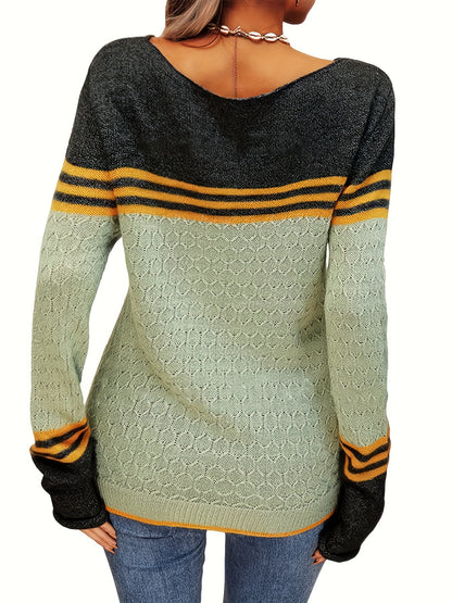 Women Autumn Winter Colorblock Pullover Sweaters Round Neck Striped Slim Fitting Knitwear Tops