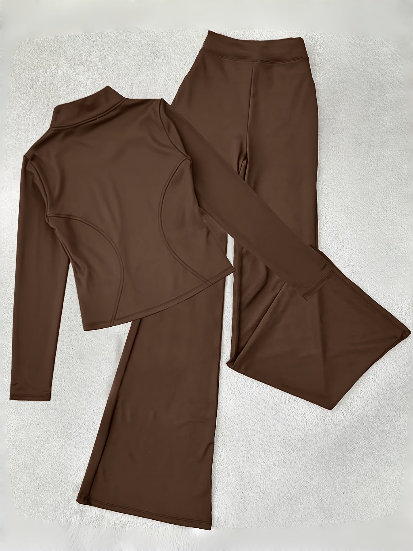 Zippered Long-sleeved Top with Flared Pants Set - Fashionable And Elegant Women's Outfit for Daily Casual Wear, And S. Available In Black, Gray And Beige Colors. Women's Tight Casual Outdoor Attire.