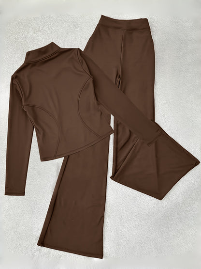 Zippered Long-sleeved Top with Flared Pants Set - Fashionable And Elegant Women's Outfit for Daily Casual Wear, And S. Available In Black, Gray And Beige Colors. Women's Tight Casual Outdoor Attire.