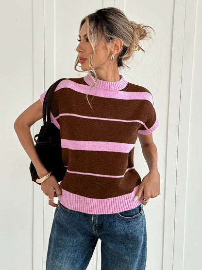 Women'S Striped Sweater - Fall/Winter Cozy, Short Sleeve, Trendy Chic, Breathable Knitwear, Ideal for Casual Fridays, Coffee Dates, Outdoor Gatherings