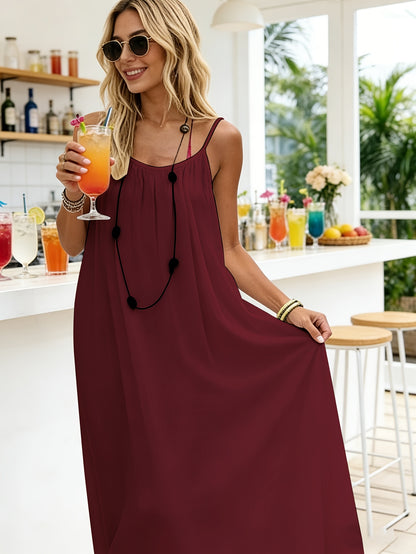 Women'S Solid Color Open Back Tie Loose Casual Maxi Slip Dress