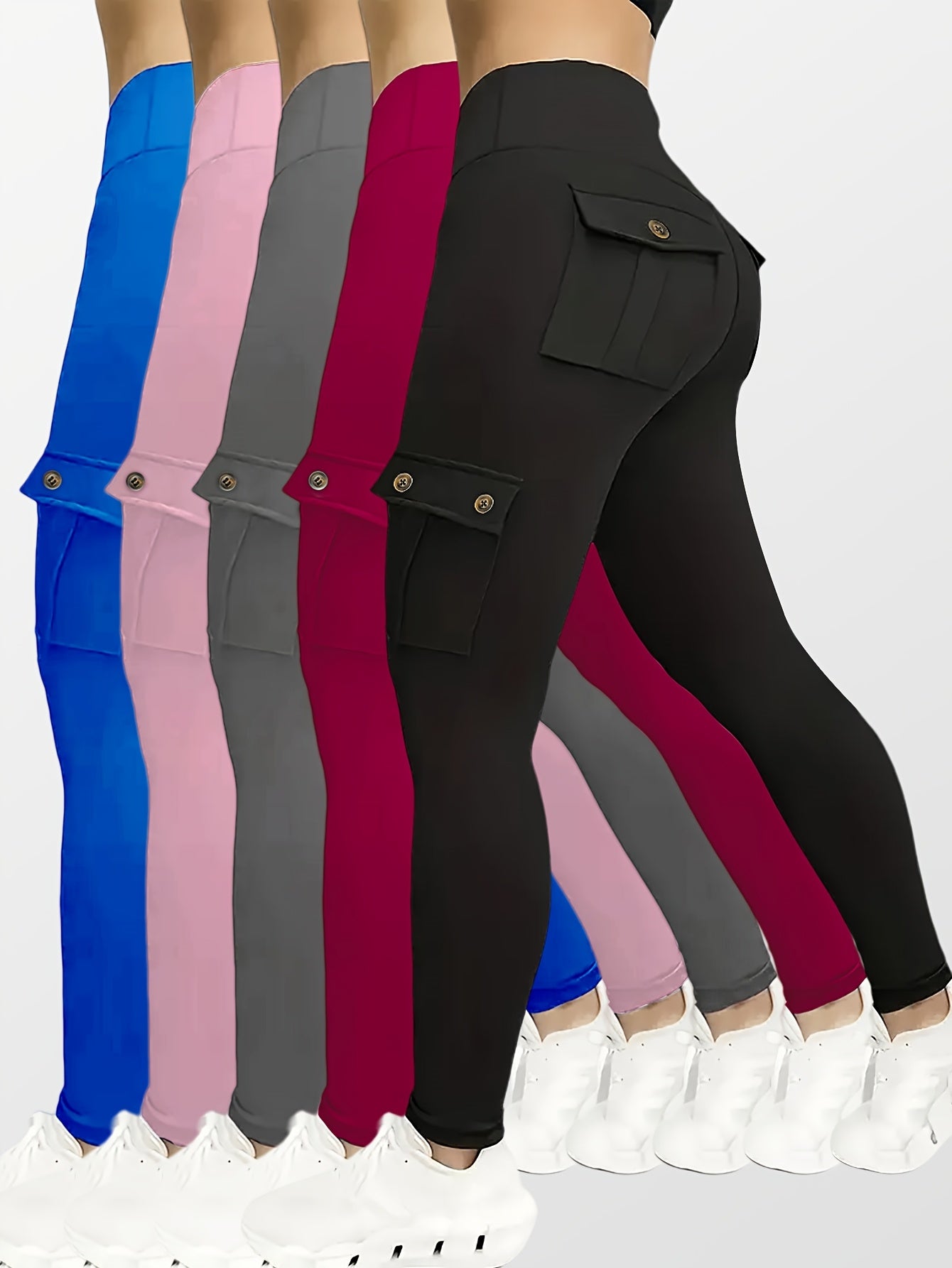 5pcs Set Of Women's High-waists Yoga Leggings with Belt Pockets, Elastic Running And Sports Leggings, Button Design, Solid Colors (black, Navy Blue, Gray, Pink, Red), Practical Flap Pockets, Comfortable Fabric.