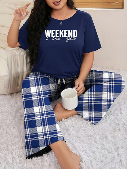 [6pcs Pajama Set] 6pcs Large-Sized Women's Casual Home Wear | Summer Short-Sleeved Crew Neck Top And Tartan Long Pants Pajama Set, Slight Stretch Fabric, All-Season