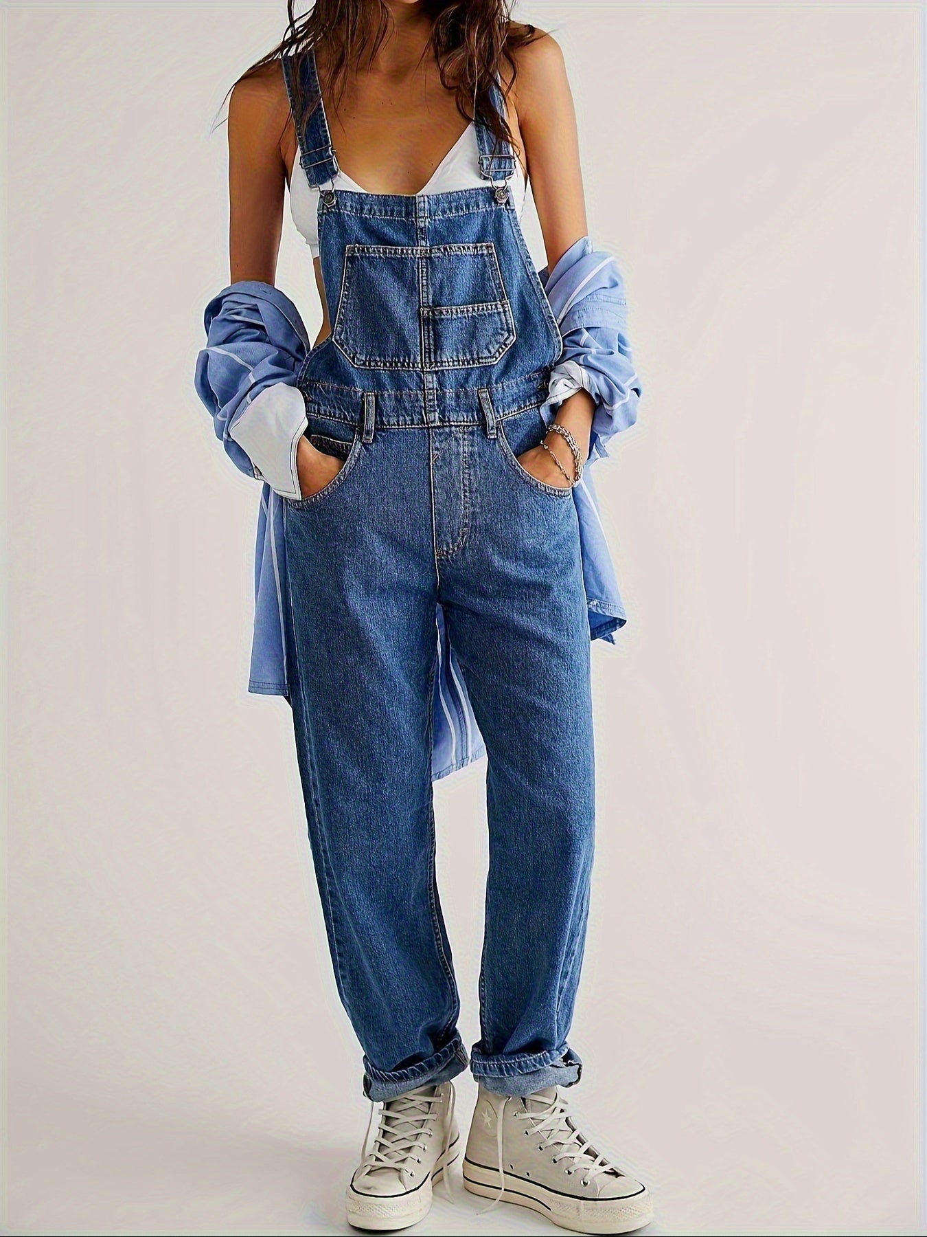 Solid Color Slant Pocket Coverall Jumpsuit, Casual Adjustable Strap Sleeveless Cross Back Coverall Jumpsuit, Suitable for Spring And Summer, Women'S Fashion