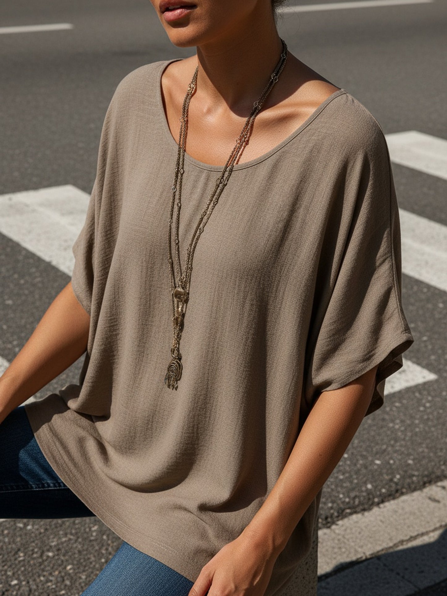 [Women'S Batwing Shirt] 2pcs, Women'S Casual Vacation Solid Color Round Neck Batwing Sleeve Shirt - No Additions Included