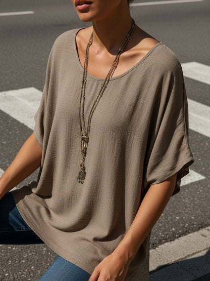 [Women'S Batwing Shirt] 2pcs, Women'S Casual Vacation Solid Color Round Neck Batwing Sleeve Shirt - No Additions Included
