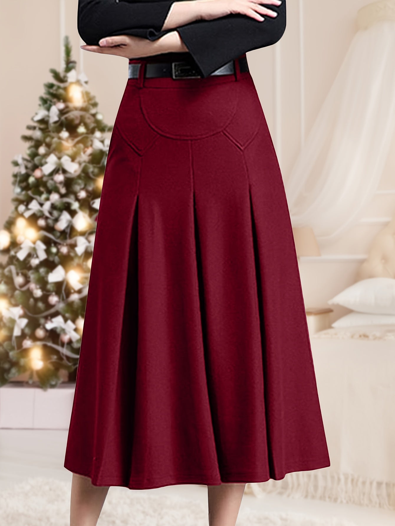 Women's Black Wool High-Waist Pleated Skirt - product view 17