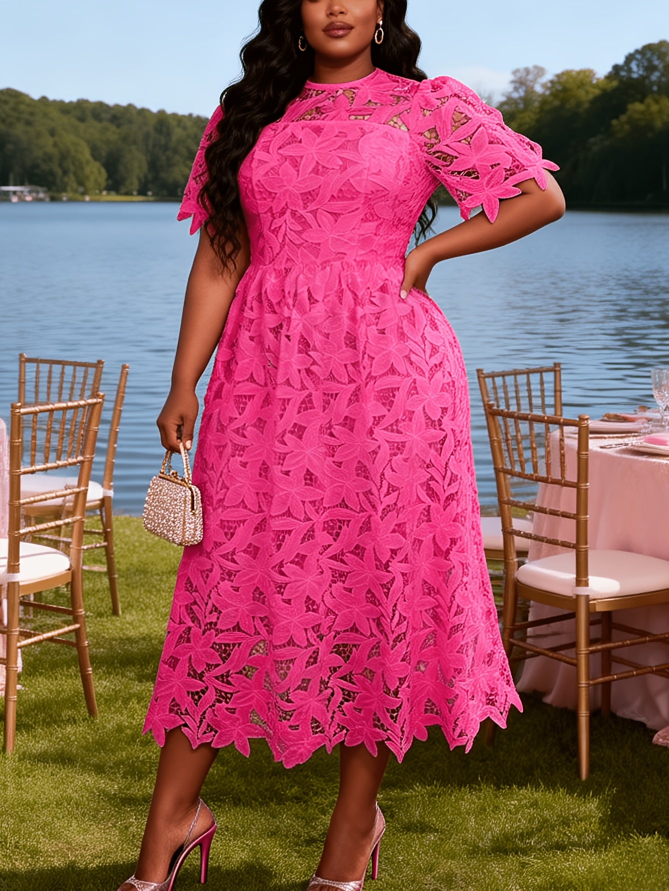 Plus Size - Plus Size - Plus Size Round Neck Lace Dress, Elegant Midi Length with Waist Definition, Formal Banquet And Evening Gown