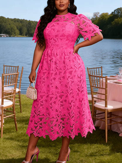 Plus Size - Plus Size - Plus Size Round Neck Lace Dress, Elegant Midi Length with Waist Definition, Formal Banquet And Evening Gown