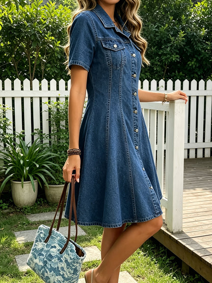 [Machine Washable Skirt Dress] Women's A-Line Denim Skirt Dress with Retro Polo Collar & Short Sleeves - Pocket -Free Short Length Suitable for Daily Wear, Date Nights, Shopping Outfits, Machine Washable Figure-Hugging Skirt Dress
