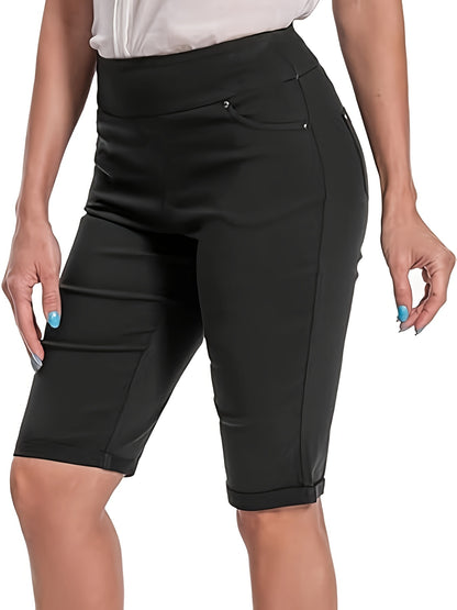 Women's Stretchy Pull On Bermuda Shorts High Waist Office to Vacation Pants, Non See Through Fabric, Machine Washable with 5 Pockets & Cuffed Hem for Everyday, Formal Events Elegant Casual All Season Shorts