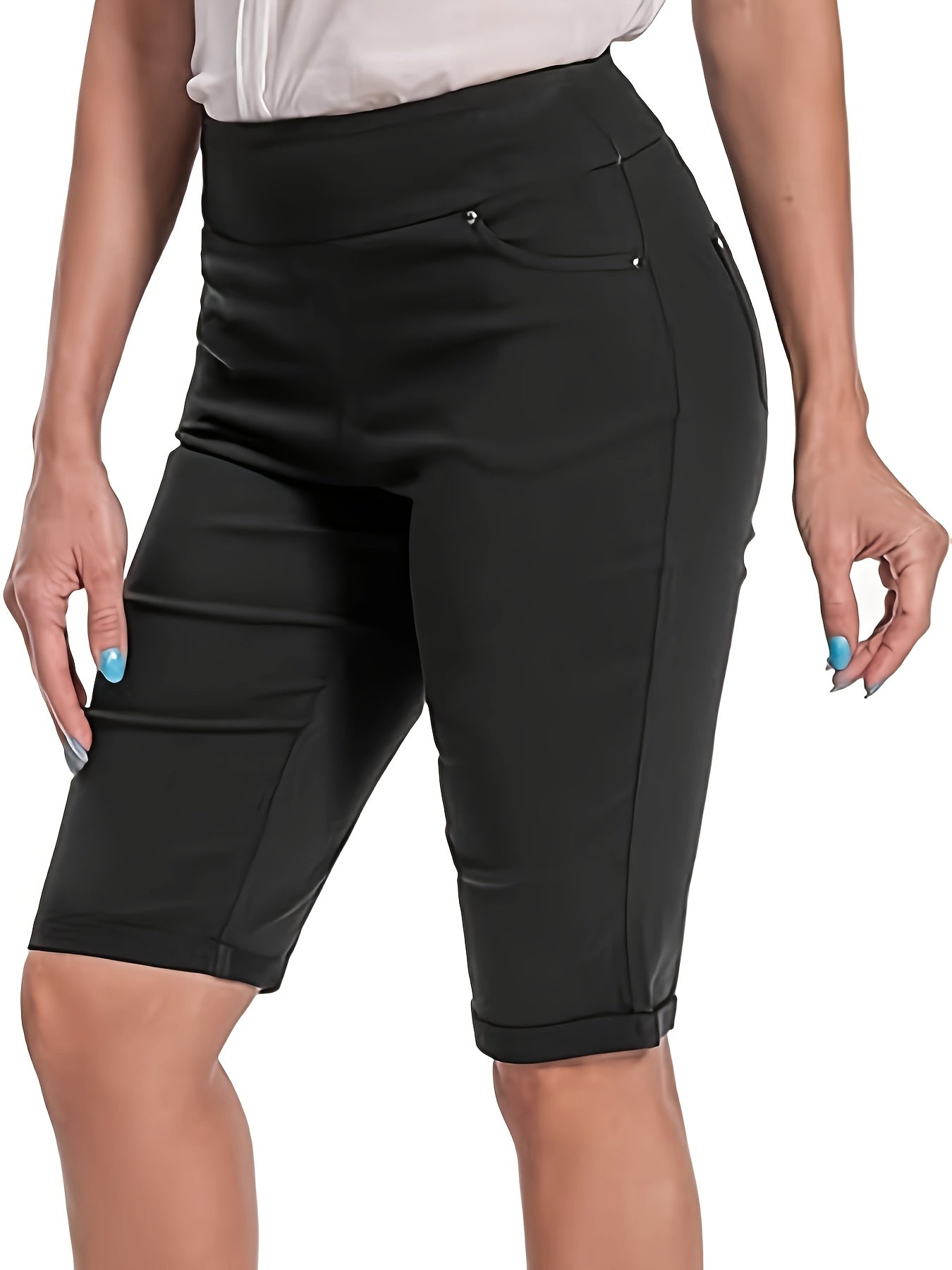 Women's Stretchy Pull On Bermuda Shorts High Waist Office to Vacation Pants, Non See Through Fabric, Machine Washable with 5 Pockets & Cuffed Hem for Everyday, Formal Events Elegant Casual All Season Shorts
