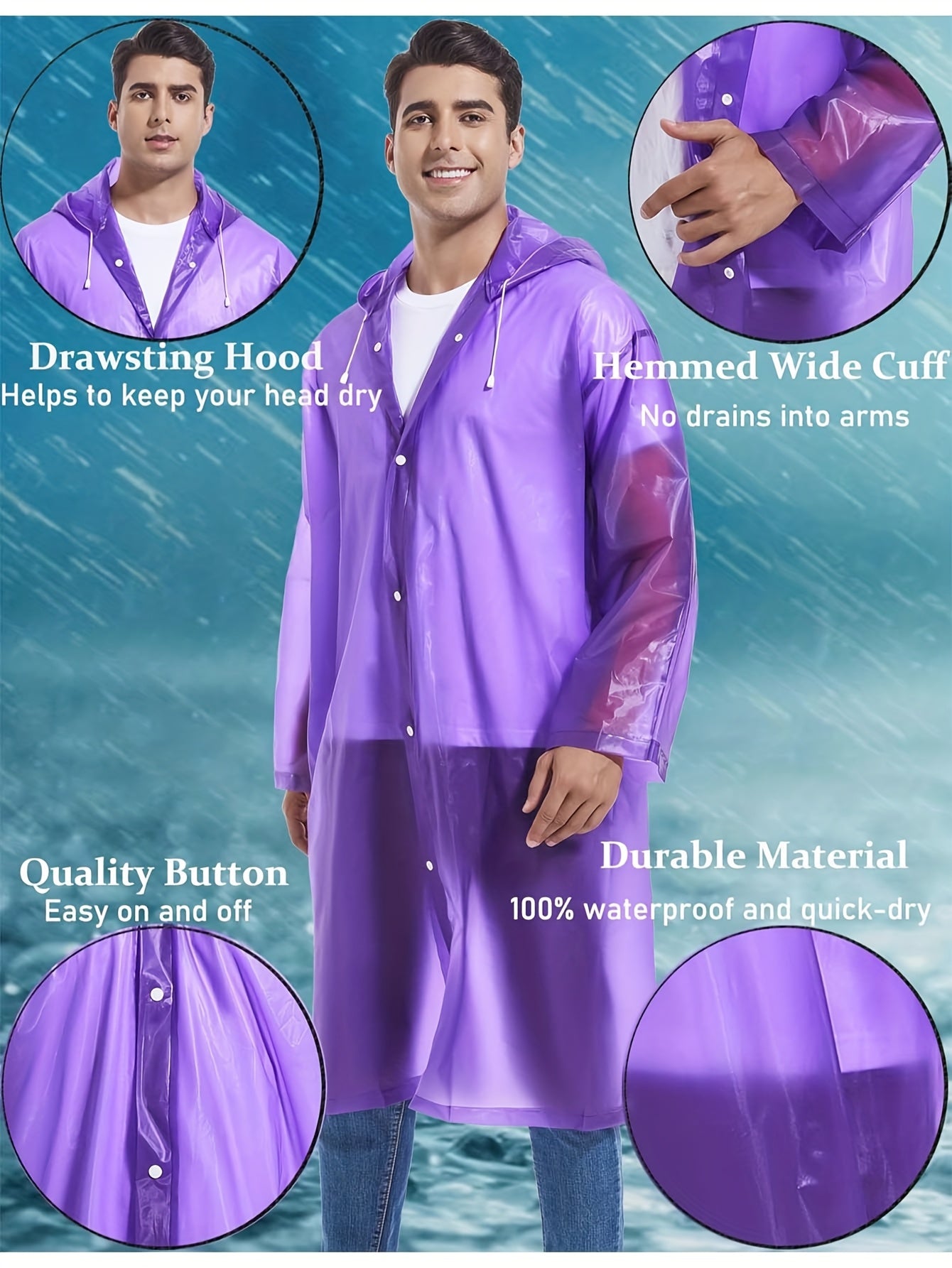 4pcs Reusable Adults Rain Ponchos Portable Raincoats For Women Men With Hood For - product view 17