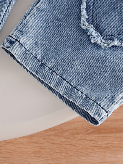 Young Girls 2PCS Summer And Autumn Outfit – Sleeveless White Tank Top & Heart Fringe Patch Washed Denim Pants Set, Cute Casual Clothes, Girl clothes 7 8 years, y2k kids clothes