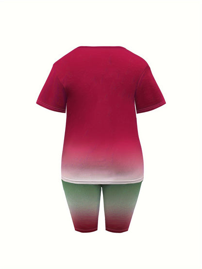 Plus Size Faith Print Casual Shorts Set, Crew Neck Short Sleeve Top & Shorts Outfits for Spring & Summer, Women's Plus Size Clothing
