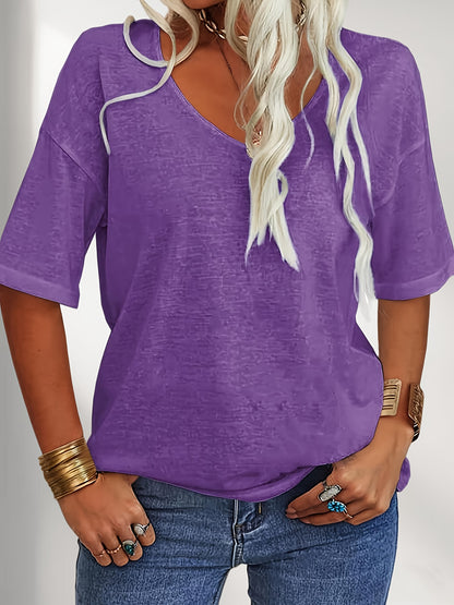 Women Fashion V-Neck Half Sleeves Oversized T Shirt Solid Casual Loose Basic Tops