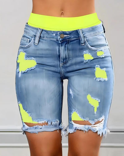 Denim Shorts, Color Block Printed Ripped Shorts/w Fitness Running Shorts