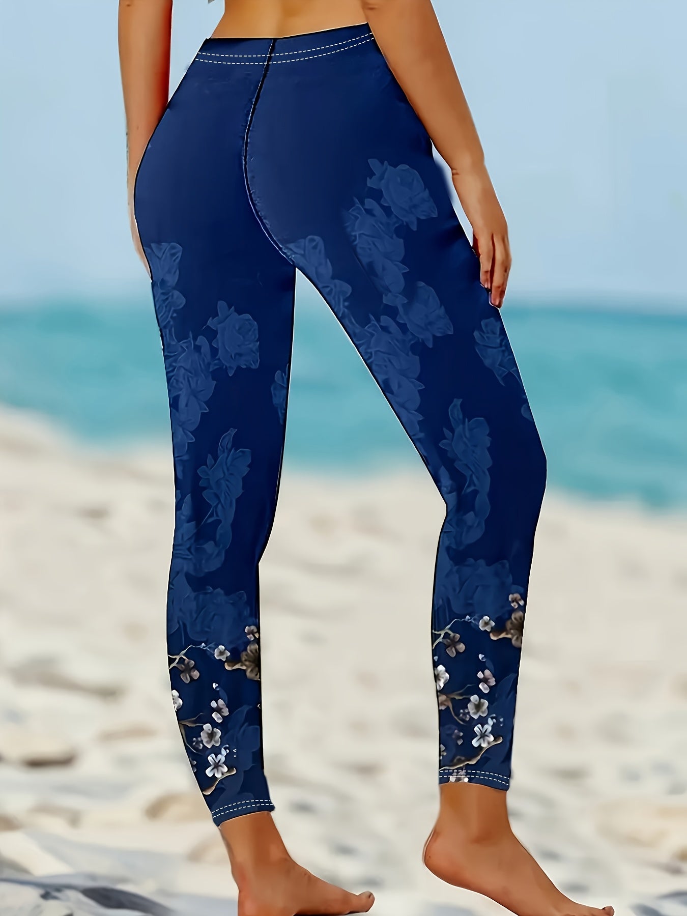 2026 Plus Size Women's Plus Size Floral Print Leggings with Elastic Waistband Navy & Golden Accents Medium-Stretch Machine-Washable Pants for All-Season Comfort Elegant Casual Wear Versatile Leggings Stylish Floral Pattern Comfortable Fit Game Day Fan Gea