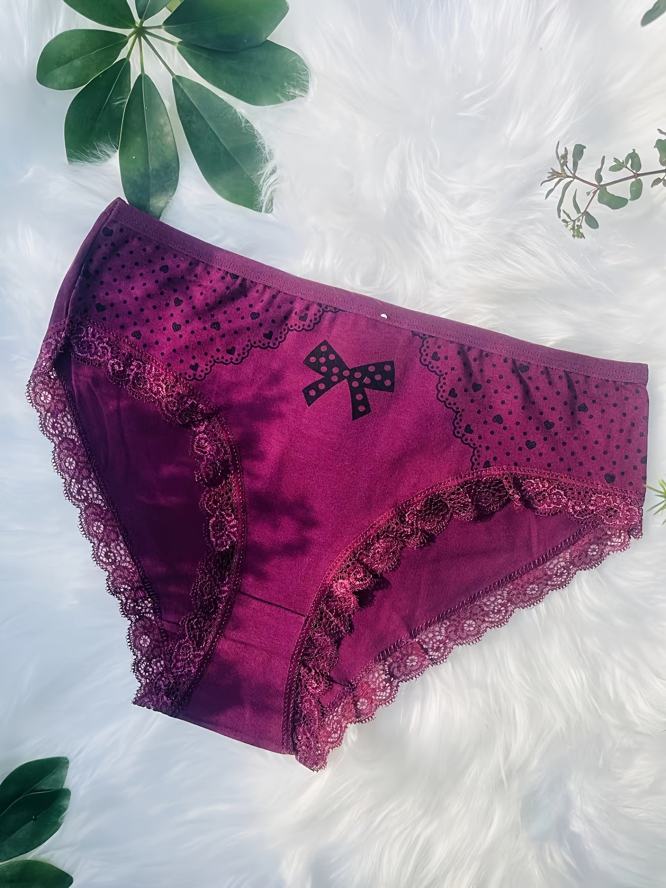 12pcs Elegant Contrast Lace Briefs | Plus Size with Bow and Heart Print, Comfortable & Breathable Stretchy Women'S Lingerie & Underwear