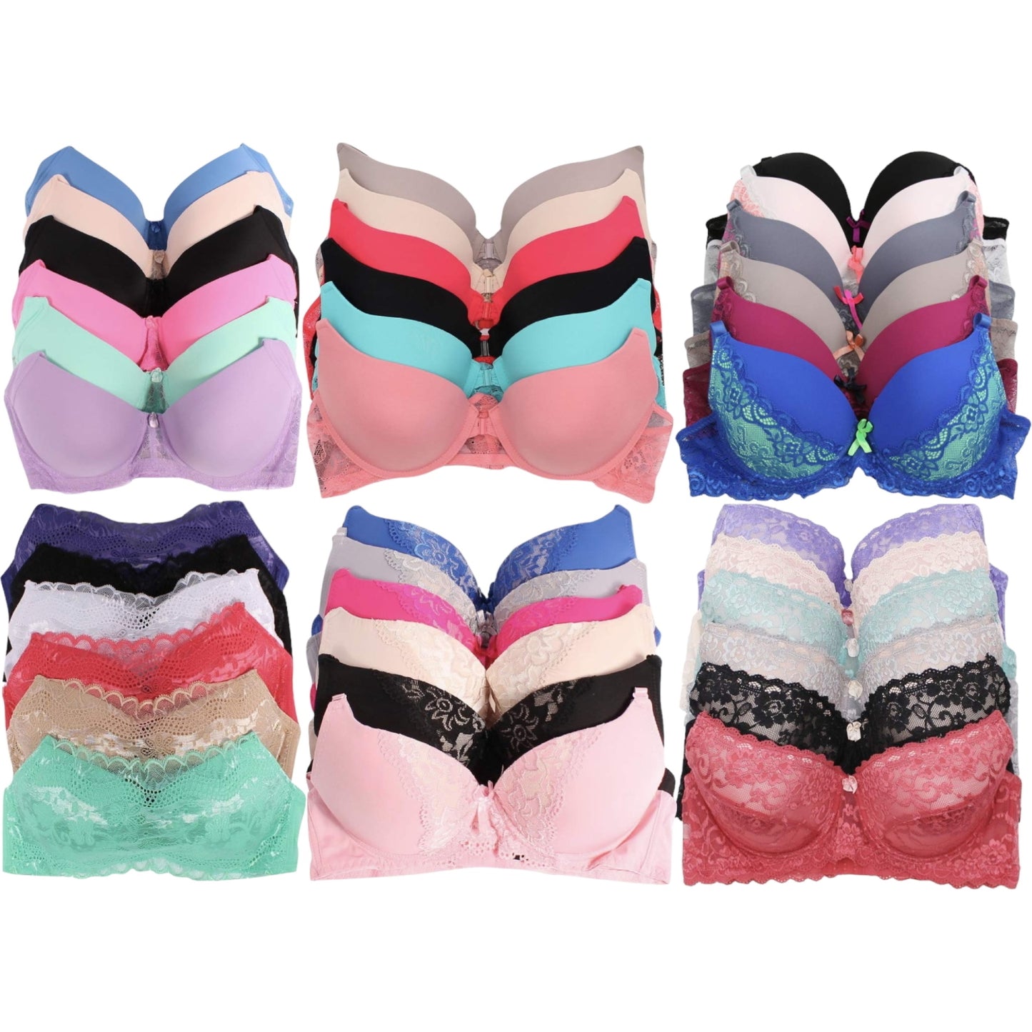 Women's 6-Item Pack of Random Assortment Print Plus Size Bras with Underwire Sizes 34D to 46DDD
