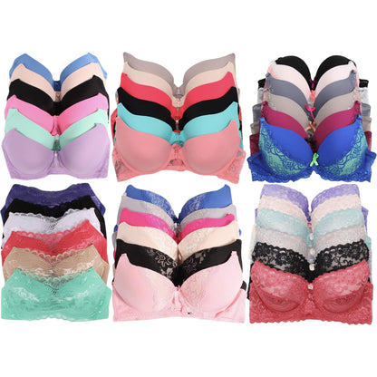 Women's 6-Item Pack of Random Assortment Print Plus Size Bras with Underwire Sizes 34D to 46DDD