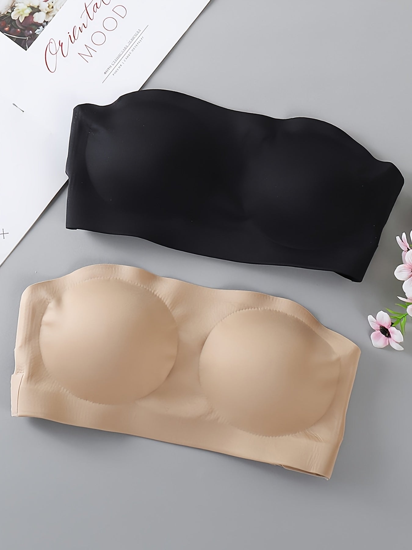 [Wireless Strapless Bra] 2pcs Wireless Strapless Bandeau Bra with Removable Pads, Sexy Cross Strap Detail, Nylon, Stretchy, Invisible Trace Solid Color