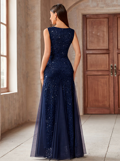 23218 Elegant Women's Sequin Lace Long Evening Bridesmaid Dress, Sweetheart Neckline Sleeveless Design with Slit Tulle Mermaid Hem, Perfect for Formal Wedding Party