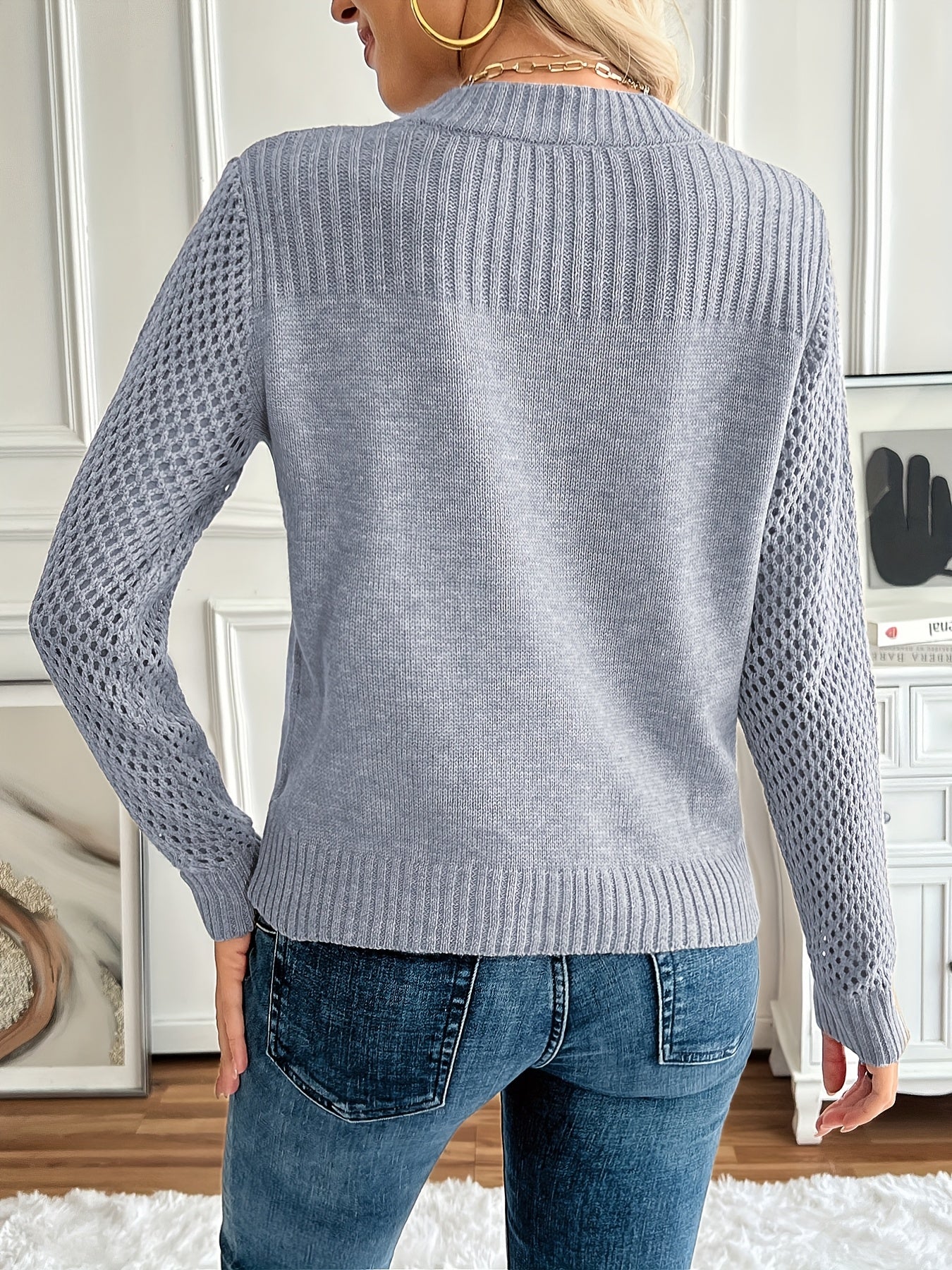 Women'S Autumn And Winter Solid Color Sweater Threaded Hollow Slim Pullover Sweater Women
