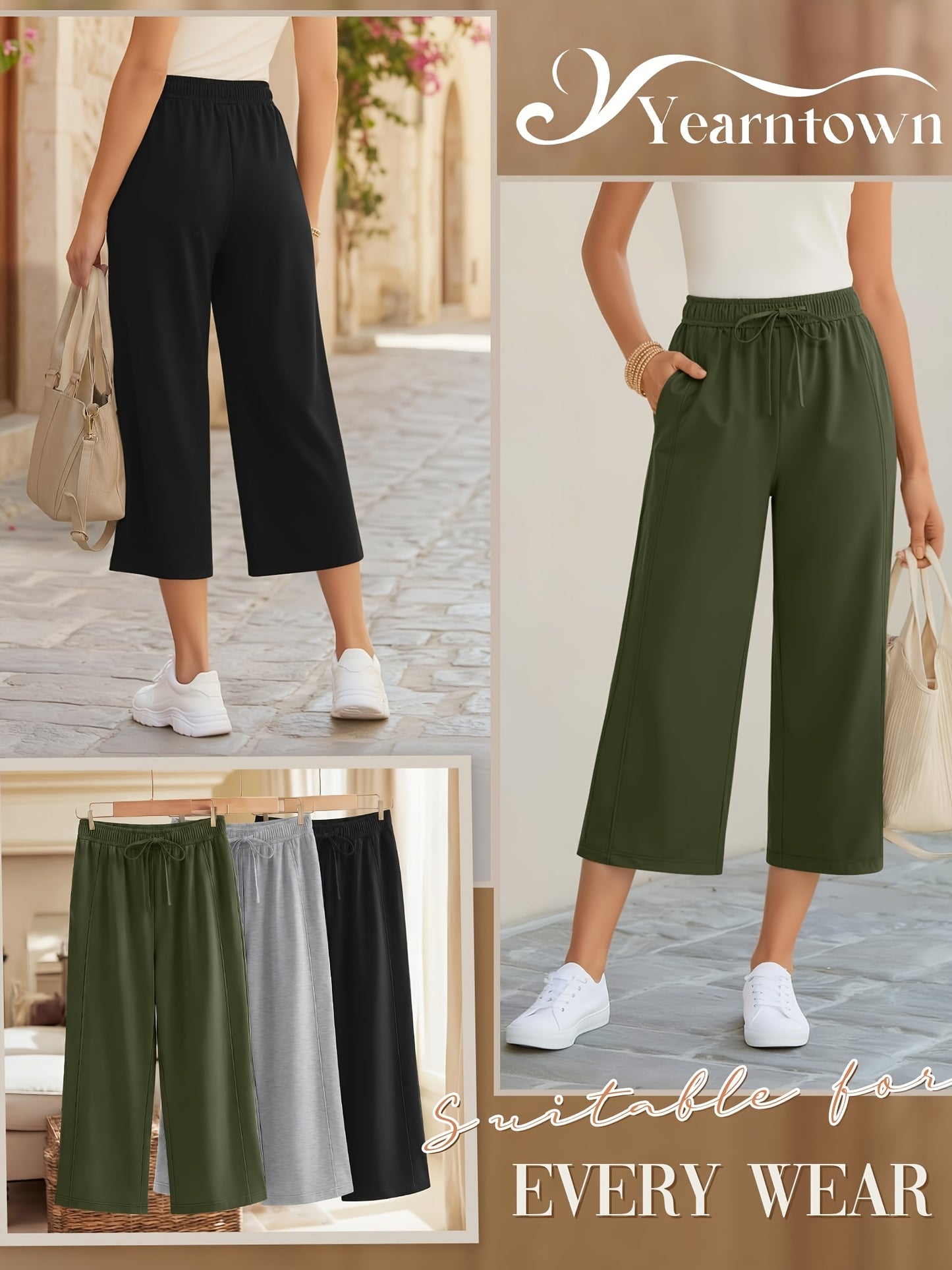Plus Size, 3pcs Plus Size Women's Capri Pants, Wide Leg Basic Sweatpants Lounge Loose Fit Casual Drawstring Capris with Pockets