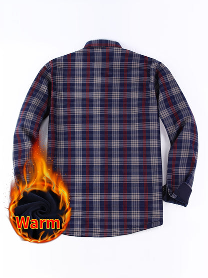 Men's & Women's Warm Lightweight Collar Plaid Shirt Jacket - Single-Breasted Button Front Flannel Coat with Pockets, Machine Washable Fall Winter Outerwear for Casual Streetwear & Layering (Regular Fit)