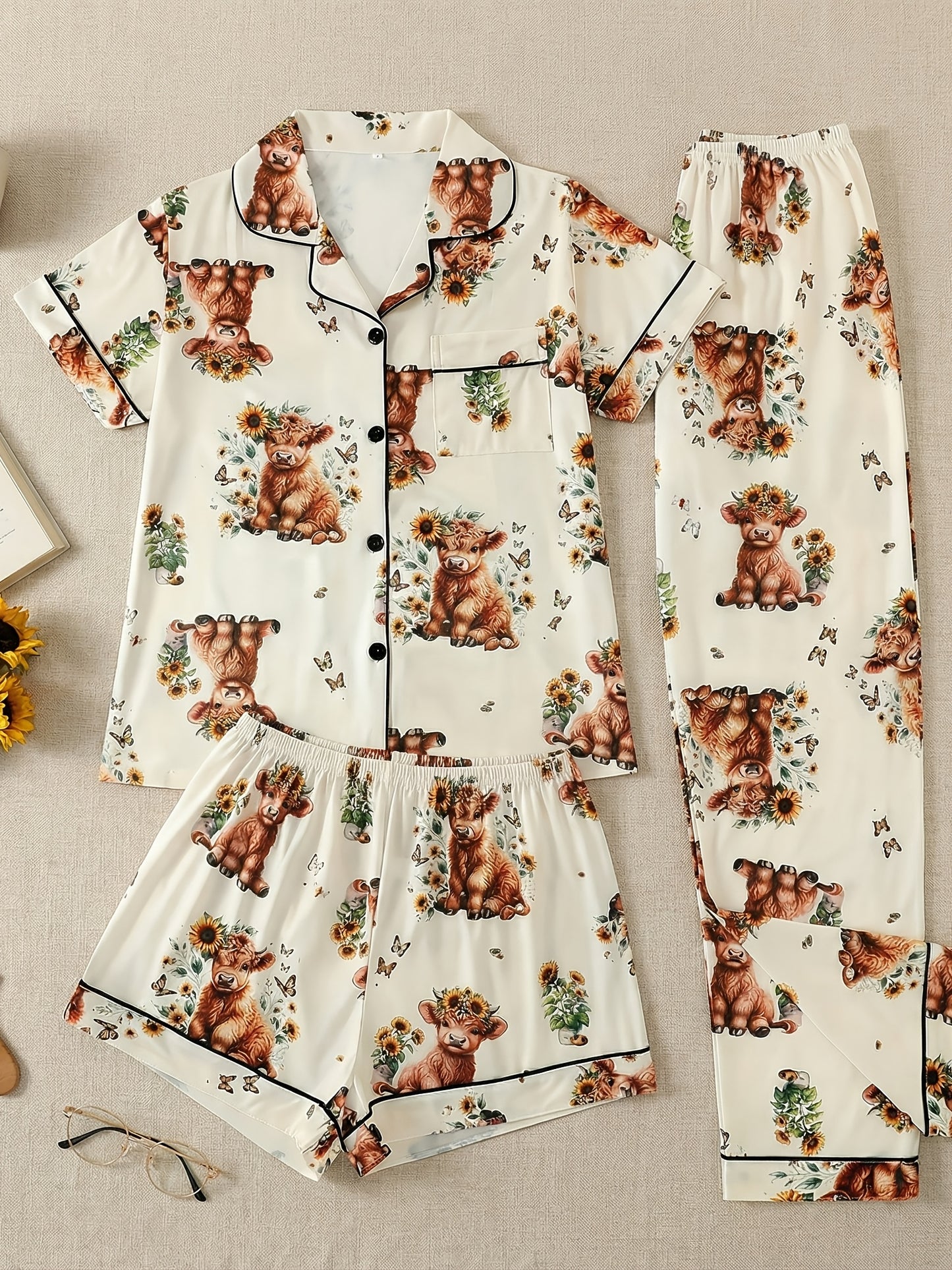 [3pcs Women's Pajama Set] 3pcs Casual Women's Pajama Set | Features A Lapel Collar, Short-sleeved Top with Button Closure, Paired with Shorts And Long Pants, Adorned with Floral And Cow Patterns. Comfortable Loungewear Suitable for All Seasons