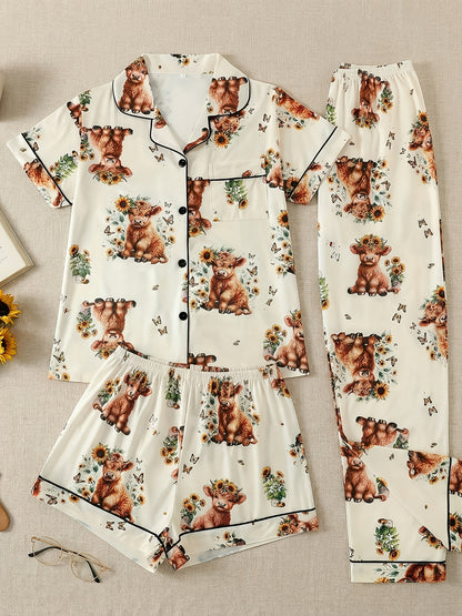 [3pcs Women's Pajama Set] 3pcs Casual Women's Pajama Set | Features A Lapel Collar, Short-sleeved Top with Button Closure, Paired with Shorts And Long Pants, Adorned with Floral And Cow Patterns. Comfortable Loungewear Suitable for All Seasons