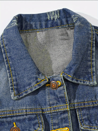 Casual Streetwear Featuring a Sleeveless Denim Jacket with a Ripped Lapel, Button- Front, And Pockets