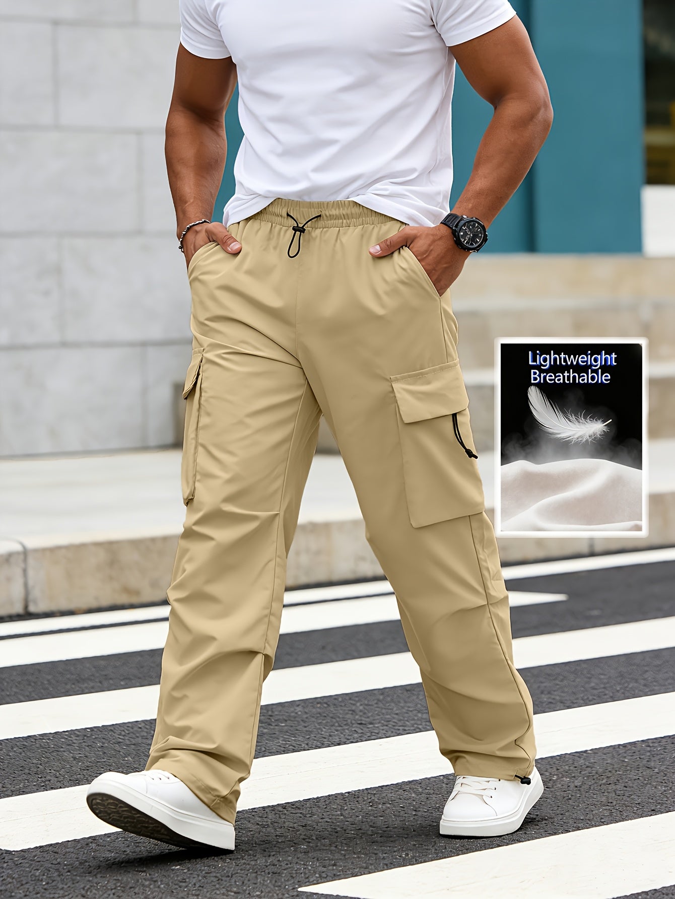 Lightweight Breathable Cargo Trousers for Men, Featuring an Elastic Waistband with a Drawstring, Loose Wide Legs, Multiple Pockets, And Quick-Dry Fabric, Ideal for Outdoor Hiking, Streetwear, Everyday Use, And All-Season Fashion