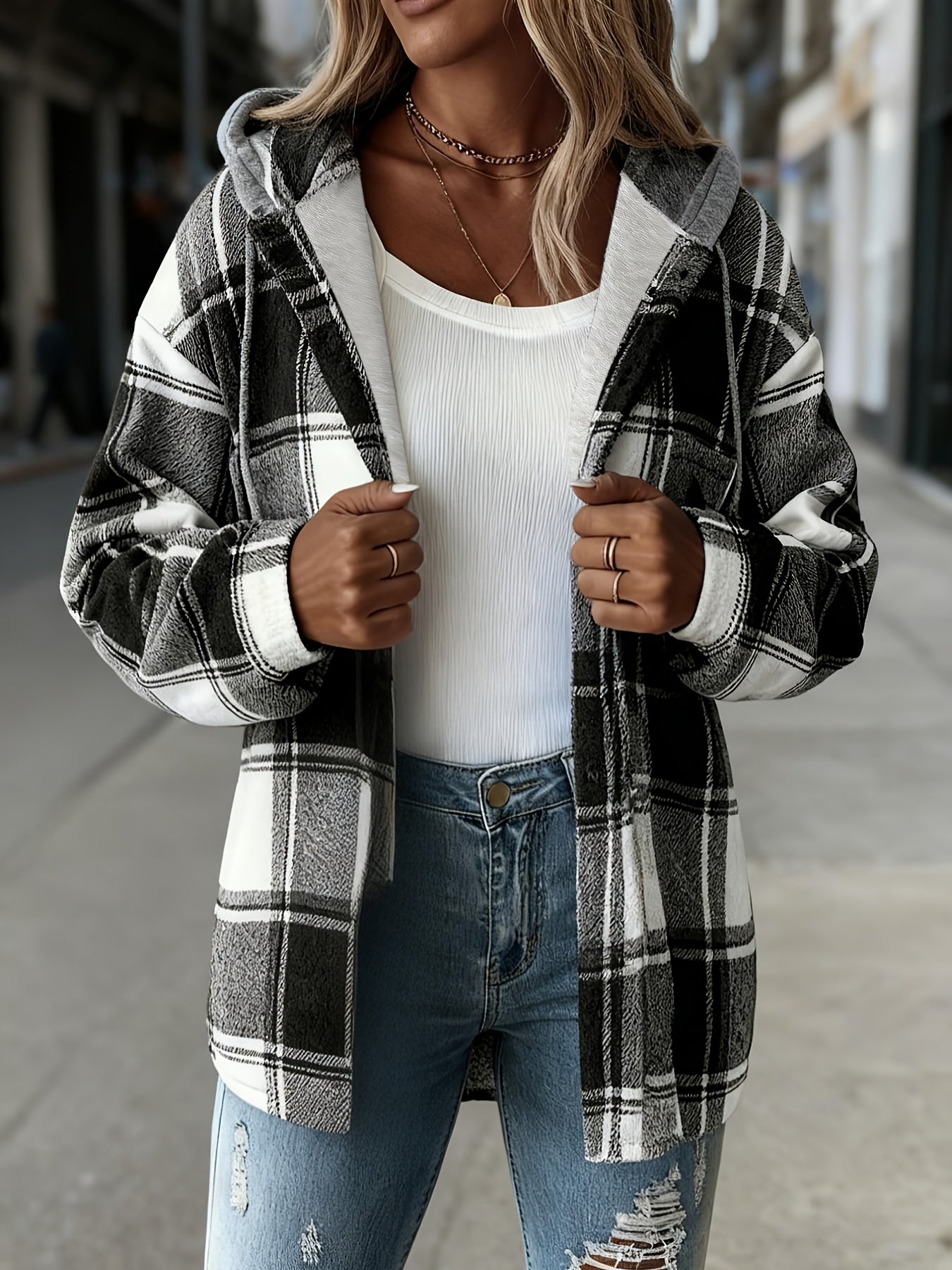Women's Black and White Checkered Hooded Shirt Jacket, a Popular Warm Outfit for Autumn and Winter. Perfect for Casual and Layered Looks, Autumn/winter Women's Clothing | Women's Apparel, Local Warehouse Discount