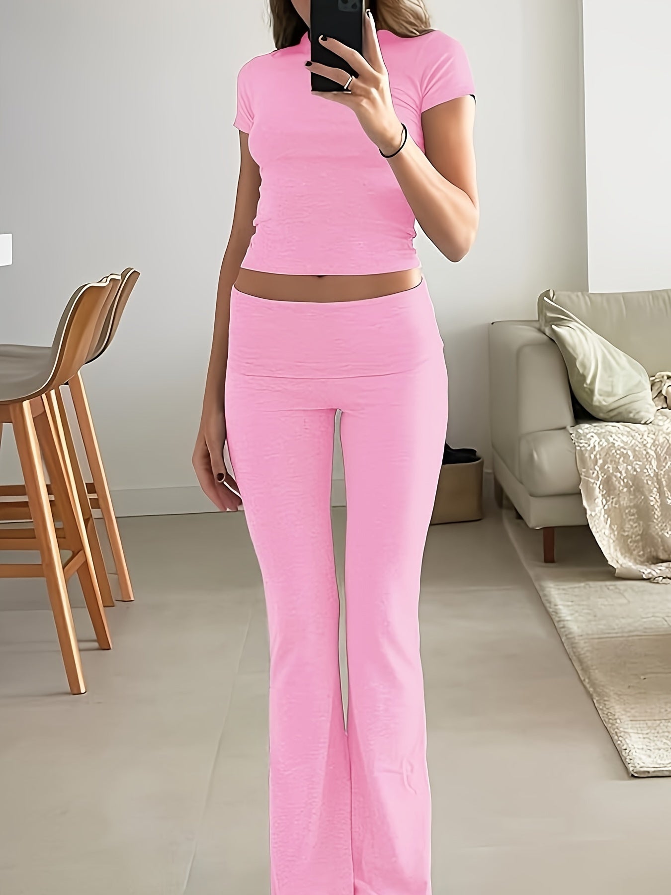 Casual Solid Color Slim Two-piece Pants Set, Short Sleeve Crew Neck T-shirt & Skinny Flared Leg Pants Outfits, Women'S Clothing