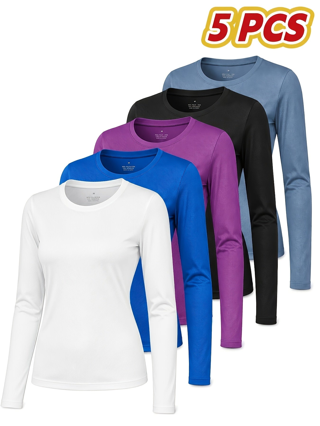5pcs Women'S Long Sleeve T-Shirts - High Stretch, Moisture-Wicking & Breathable, Five Color Options for, Outdoor - Four Seasons Collection, Shirts, Wear, Solid Color Top, Breathable Fabric