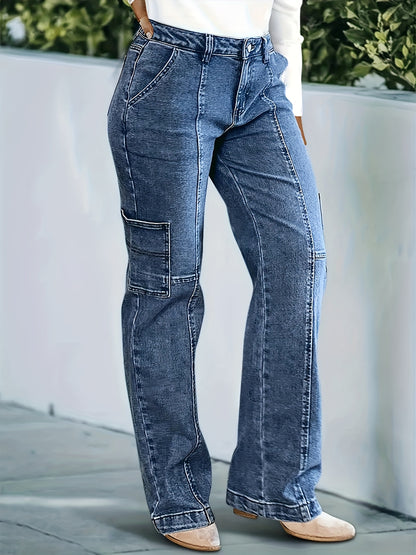 Women's Dark Blue Embroidered Flare Jeans, Western Style Bootcut Denim Pants with Floral Pocket Design