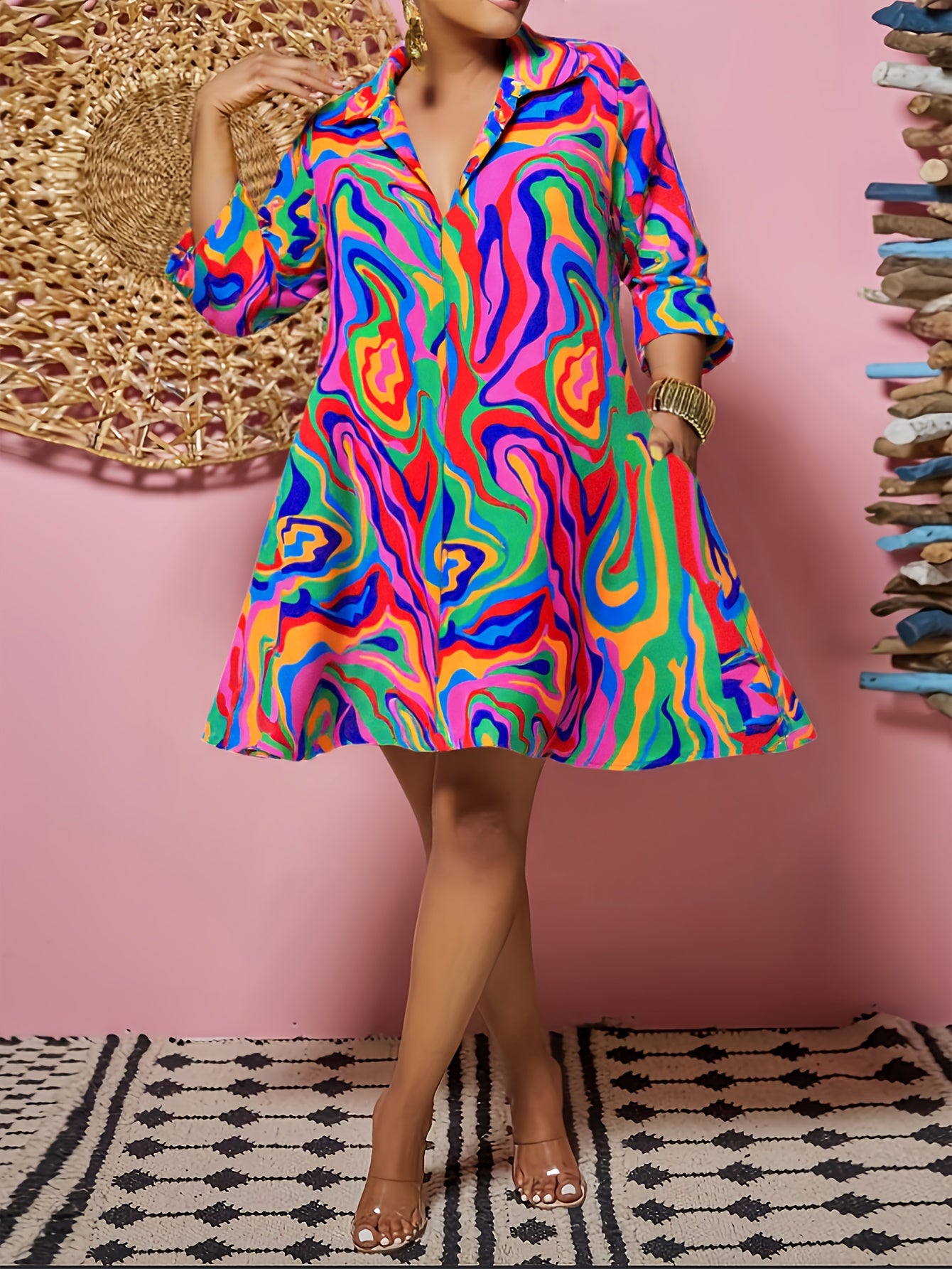 [Fashion Vacation Dresses] Plus Size Women's Fashion Vacation Casual Style Multi-colour Printed Long Sleeve Lapel Dresses | Spring, Summer And Autumn Fatty Size