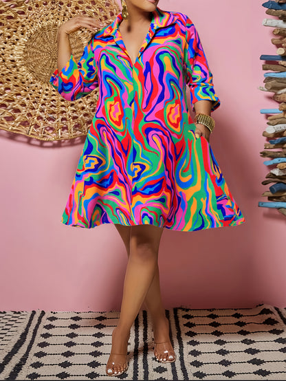 [Fashion Vacation Dresses] Plus Size Women's Fashion Vacation Casual Style Multi-colour Printed Long Sleeve Lapel Dresses | Spring, Summer And Autumn Fatty Size