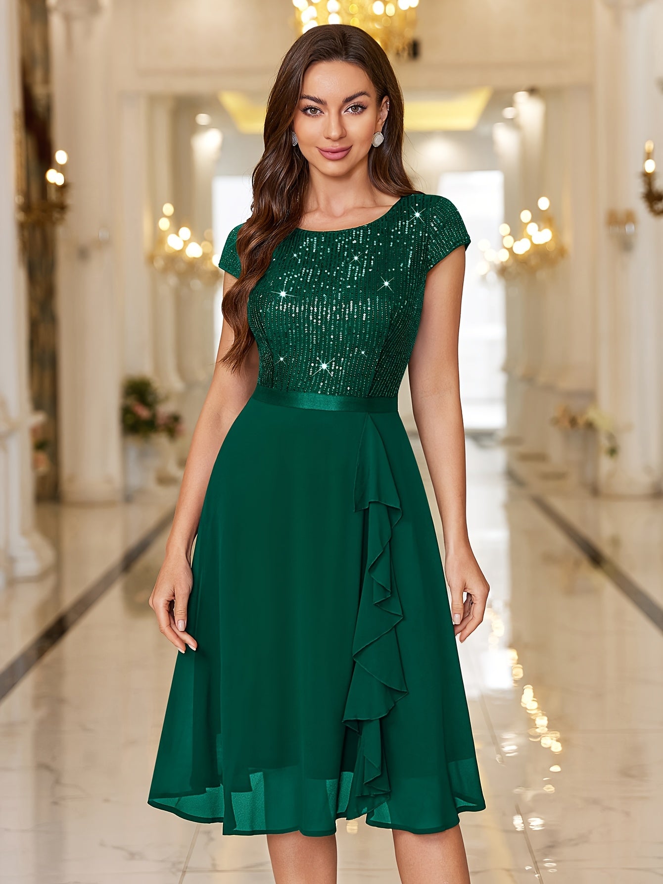 Y82016 Elegant Women's Glitter Sequin Chiffon A-Line Bridesmaid Dress with Cap Sleeves & Ruffled Hem - Sparkling Wedding Party Dress for Bridesmaids, Prom, Birthday, Formal Evening Gown - Machine Washable Chiffon