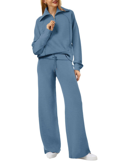 Spring/Autumn Casual Swear Set for Women, Zipper Long-Sleeve Sweatshirt and Wide-Leg Pants 2pcs Set