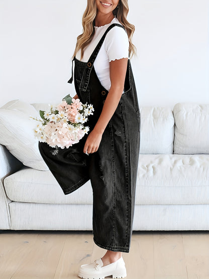 Women's Casual Denim Overalls Loose Adjustable Strap Distressed Bib Jeans Overall Jumpsuits with Pocket