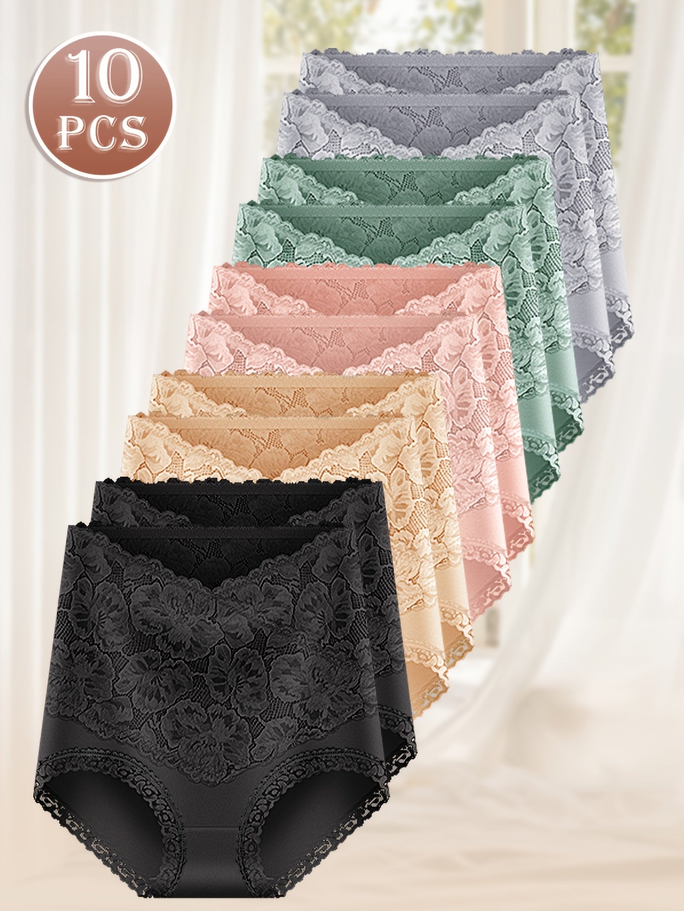 10Pack MIOTAN Elegant Lace Panties - High-Waisted Tummy Control, Fabric, Full Coverage Comfort Fit, Soft And Breathable, Everyday Wear Solid Colors, Classic Brief Style