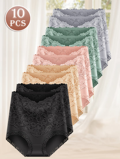 10Pack MIOTAN Elegant Lace Panties - High-Waisted Tummy Control, Fabric, Full Coverage Comfort Fit, Soft And Breathable, Everyday Wear Solid Colors, Classic Brief Style