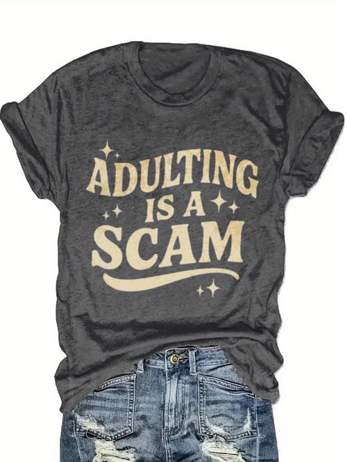 Women's Funny "Blended Adult Is a Scam" T-Shirt - Retro Humorous Slogan Short Sleeve Round Neck Blouse Suitable for Her Gift, Casual Statement Top for Daily Wear & Humor Apparel, Machine Washable Comfortable Everyday Outfits